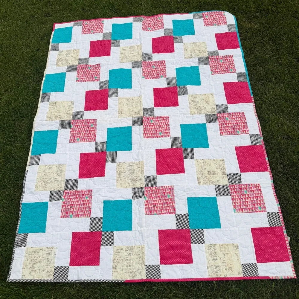 Love Sews Ministry Handmade Patchwork Quilt Pink Turquoise Geometric Throw 64x48